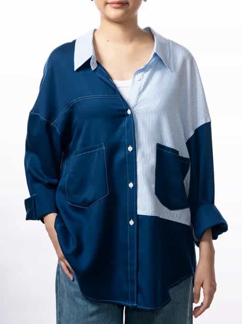 雙色拼布 藍與白色 / 條子天絲寬鬆襯衫 thumbnail image